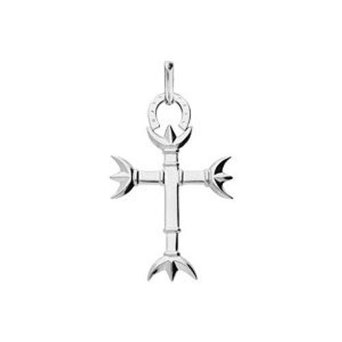 Pendentif Argent Platiné Croix Camarguaise Grand Modèle (37 Mm X 22 Mm) Avec Trgourmette Et Fer À Cheval