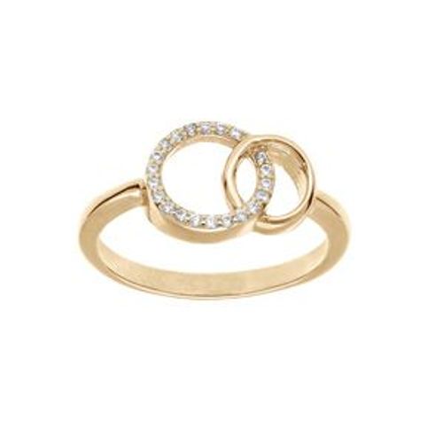 Bague Plaqué Or 2 Cercles Entrelacés 1 Lisse Et Oxydes Blancs Sertis