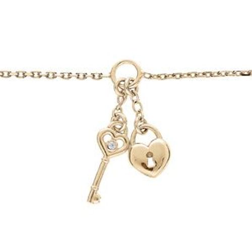 Bracelet Argent Et Dorure Jaune Pampille Coeur Serrure Et Clé 16+3cm