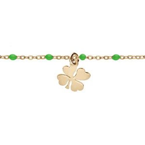 Bracelet Argent Et Dorure Jaune Boules Résine Vertes Avec Trèfle 15+3cm