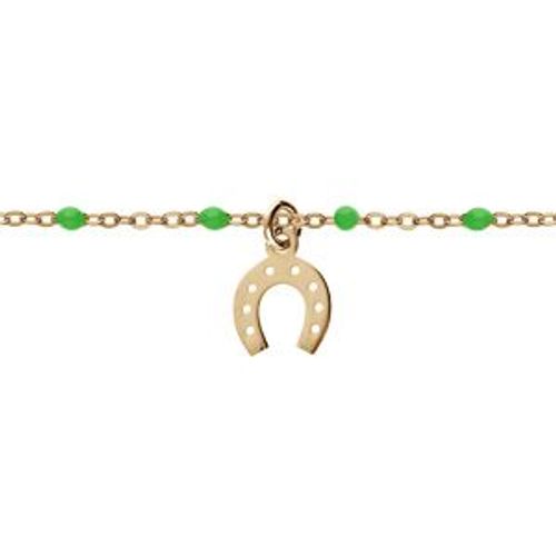 Bracelet Argent Et Dorure Jaune Boules Résine Vertes Avec Fer À Cheval 15+3cm