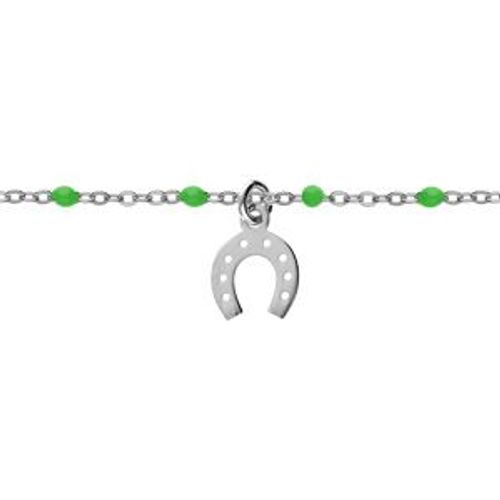 Bracelet Argent Rhodié Boules Résine Vertes Avec Fer À Cheval 15+3cm
