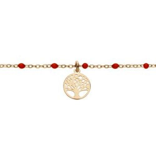 Bracelet Argent Et Dorure Jaune Boules Résine Rouges Avec Arbre De Vie 15+3cm
