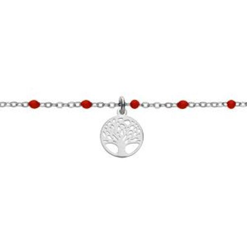Bracelet Argent Rhodié Boules Résine Rouges Avec Arbre De Vie 15+3cm