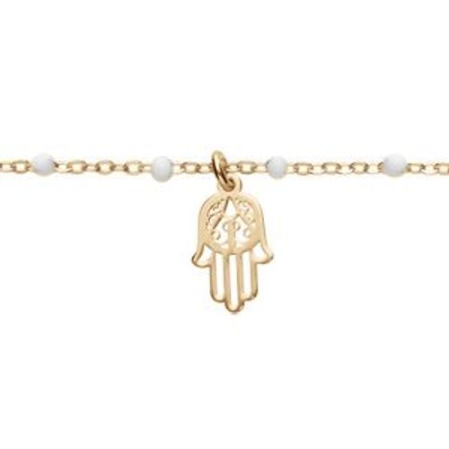 Bracelet Argent Et Dorure Jaune Boules Résine Blanches Avec Main De Fatma 15+3cm