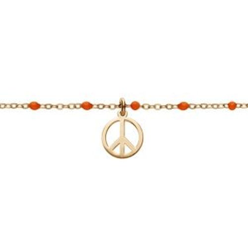Bracelet Argent Et Dorure Jaune Boules Résine Rouges Motif Peace And Love 15+3cm