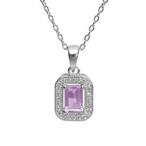 Collier Argent Rhodié Massif Pierre Carré Améthyste Véritable Contour Oxydes Blancs Sertis 40+5cm