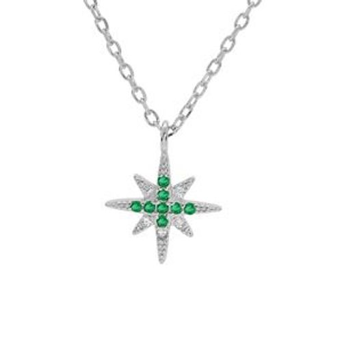 Collier Argent Rhodié Pendentif 1 Étoile Oxydes Verts Et Blancs Sertis 40+4cm