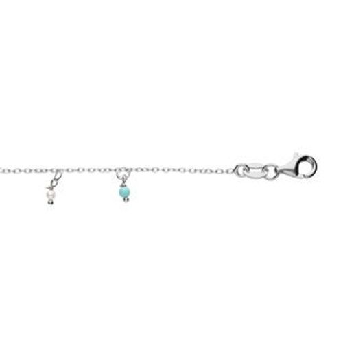 Bracelet Argent Rhodié Pampilles Boules Résines Blanches Et Turquoises Imitation 15+3cm