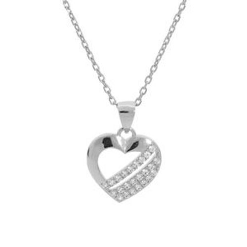 Collier Argent Rhodié Pendentif Coeur 3 Barettes Oxydes Blancs Sertis 40+5cm