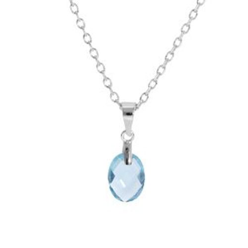 Collier Argent Rhodié Pendentif Goutte Oxyde Bleu Ciel Faceté 40+5cm