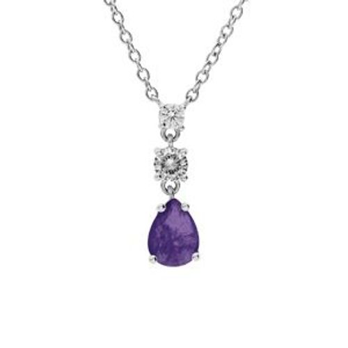 Collier Argent Rhodié Pendentif Oxydes Ronds Blancs Sertis Et Goutte Oxyde Violet 42+3cm