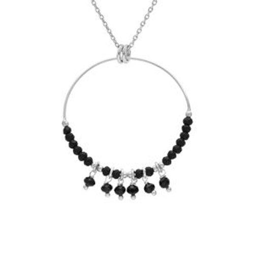 Collier Argent Rhodié 35mm Boules Lisses Noires Pampilles Noires Facetées 40+4cm