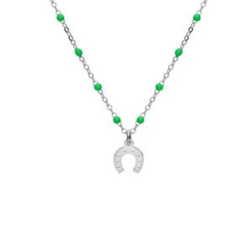 Collier Argent Rhodié Boules Résine Vertes Avec Fer À Cheval 40+5cm