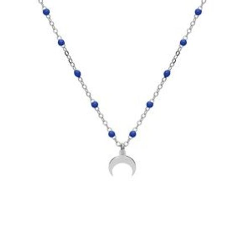 Collier Argent Rhodié Boules Résine Bleu Foncé Avec Demi Lune 40+5cm