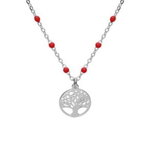 Collier Argent Rhodié Boules Résine Rouges Avec Arbre De Vie 40+5cm