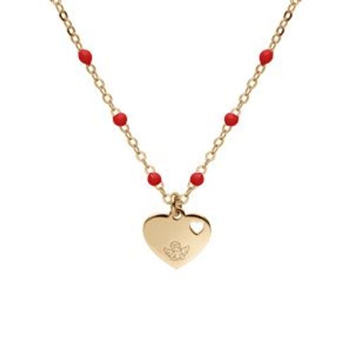 Collier Argent Et Dorure Jaune Boules Résine Rouges Avec Coeur Et Petit Ange 40+5cm