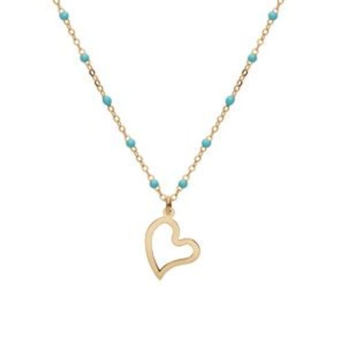 Collier Argent Et Dore Jaune Boules Résine Turquoise Imitation Avec Coeur 40+5cm