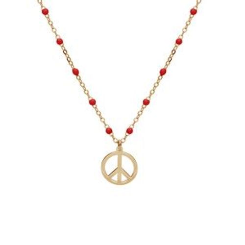 Collier Argent Et Dorure Jaune Boules Résine Rouges Motif Peace And Love 40+5cm