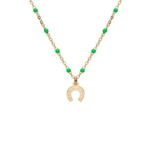 Collier Argent Et Dorure Jaune Boules Résine Vertes Avec Fer À Cheval 40+5cm