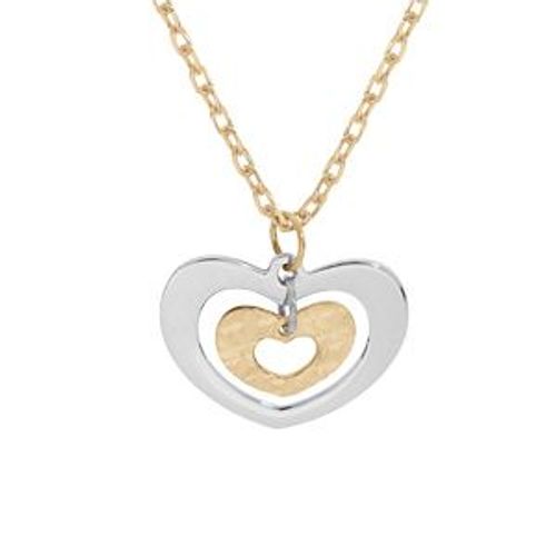 Collier Bicolore Argent Rhodié Et Dorure Jaune Pendentif Double Coeur 40+5cm