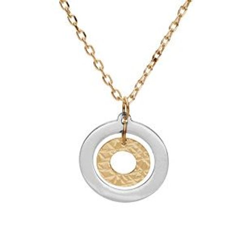 Collier Bicolore Argent Et Dorure Jaune Pendentif Double Cercle 40+5cm