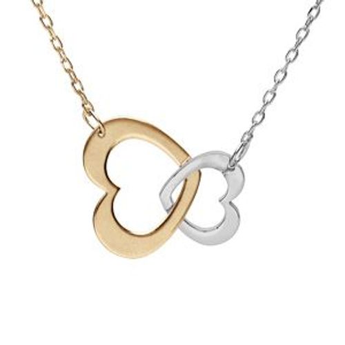Collier Argent Et Dorure Jaune Pendentif Double Coeur 40+5cm