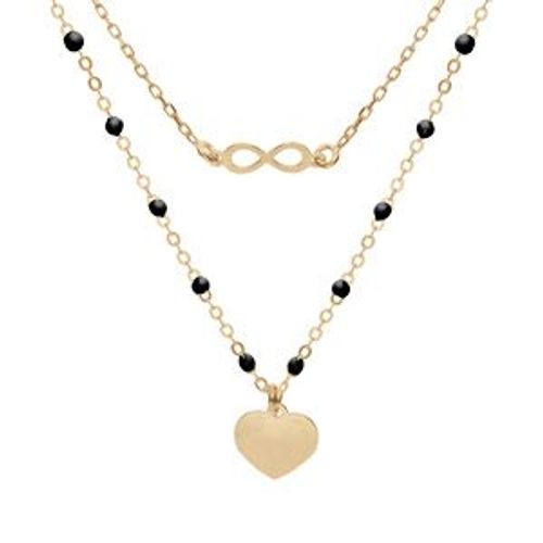 Collier Argent Et Dorure Jaune Résine Noire 2 Rangs Infini Et Coeur 40+5cm