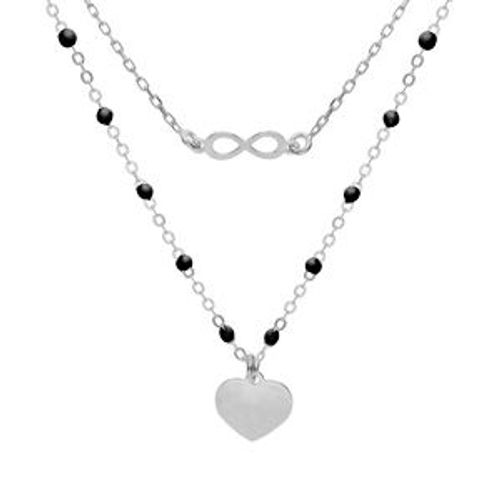 Collier Argent Rhodié Résine Noire 2 Rangs Infini Et Coeur 40+5cm