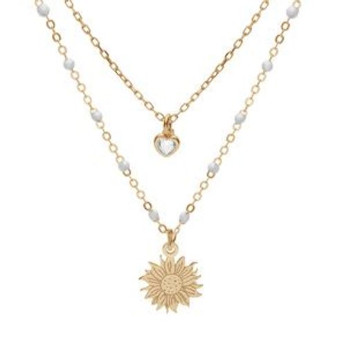 Collier Argent Et Dorure Jaune Résine Blanche 2 Rangs Soleil Et Coeur Oxyde Blanc 40+5cm