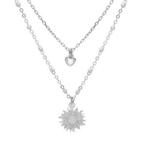Collier Argent Rhodié Résine Blanche 2 Rangs Soleil Et Coeur Oxyde Blanc 40+5cm