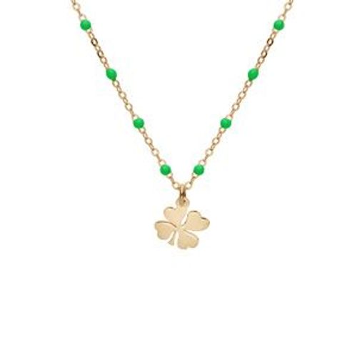 Collier Argent Et Dorure Jaune Boules Résine Vertes Avec Trèfles 40+5cm