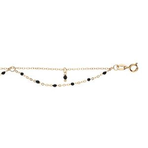 Chaîne Cheville Argent Et Dorure Jaune 2 Rangs Résine Et Boules Empierées Noires 23+3cm