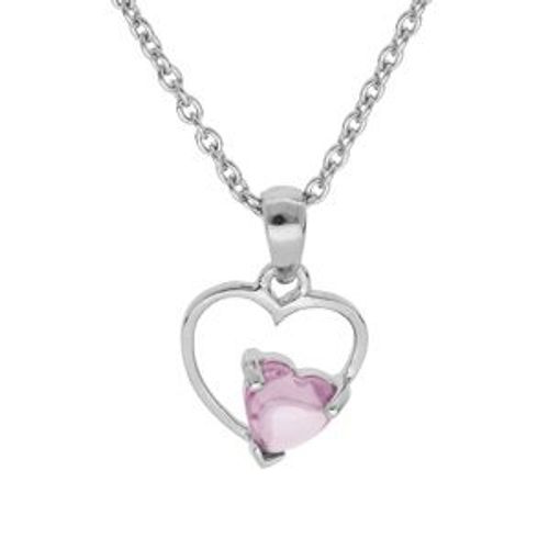 Collier Argent Platiné Pendentif Coeur Avec 1 Oxyde Rose Serti 42+3cm