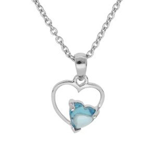 Collier Argent Platiné Pendentif Coeur Avec 1 Oxyde Bleu Ciel Serti 42+3cm