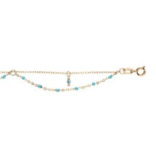 Chaîne Cheville Argent Dorure Jaune 2 Rangs Résines Et Boules Empierées Turquoise Imitation 23+3cm