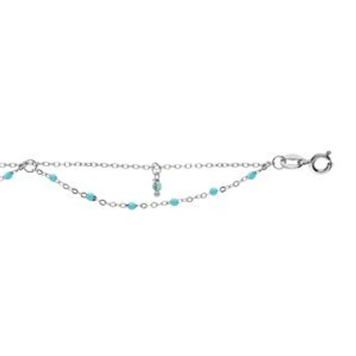 Chaîne Cheville Argent Rhodié 2 Rangs Résines Et Boules Empierées Turquoise Imitation 23+3cm