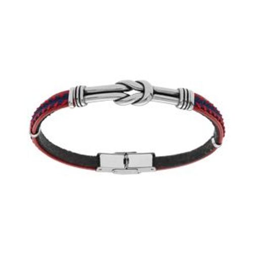 Bracelet Acier Et Cuir Bovin Rouge Tresse Et Motif Noeud Patiné 20cm Réglable