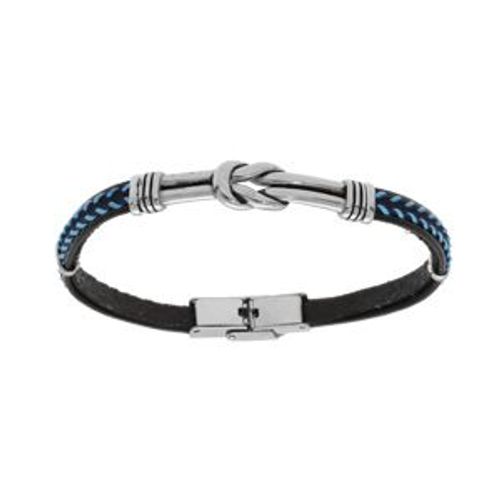 Bracelet Acier Et Cuir Bovin Noir Couture Bleu Et Motif Noeud Patiné 20cm Réglable
