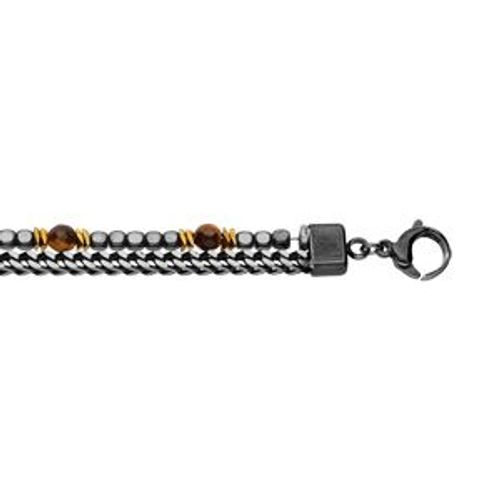 Bracelet Acier 2 Rangs Maille Plate Et Cubes Hématites Et Boules Facetés Oeil De Tigre Marron 18+3cm