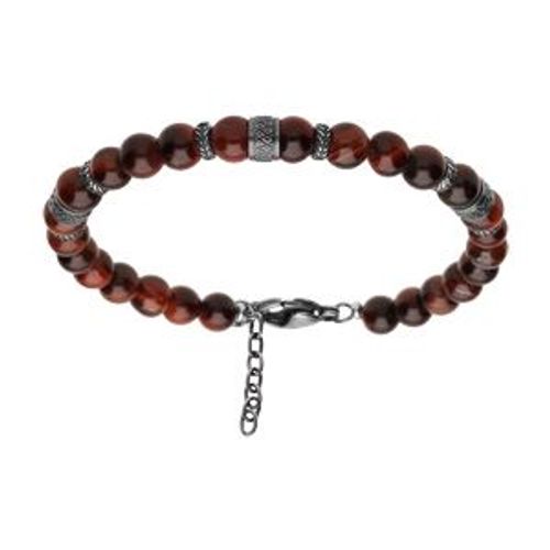 Bracelet Acier Boules Oeil De Tigre Rouge Teinté Véritable 19+3cm