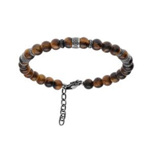 Bracelet Acier Boules Oeil De Tigre Marron Véritable 19+3cm
