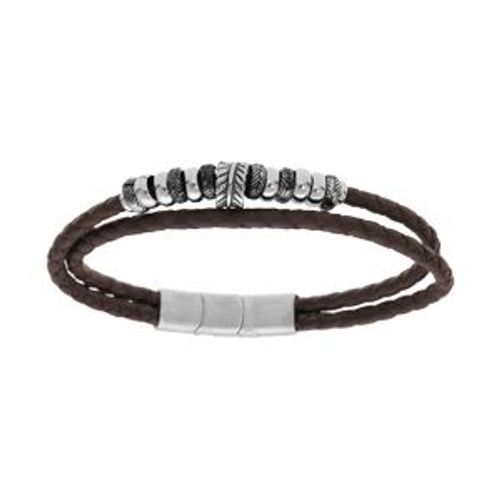 Bracelet Acier Et Cuir Bovin Marron Tressé 2 Rangs Avec Multi Anneaux 19.5+1cm Double Fermoir