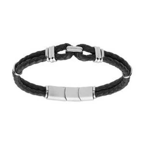 Bracelet Acier Et Double Cuir Bovin Tressé Noir Double Fermoir 19+1cm