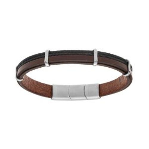 Bracelet Acier Et Cuir Bovin Marron 2 Câbles Noir Double Fermoir 20+1cm
