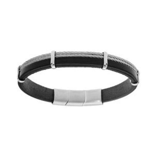 Bracelet Acier Et Cuir Bovin Noir 2 Câbles Gris Double Fermoir 20+1cm