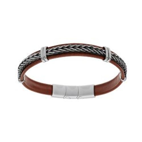Bracelet Acier Et Cuir Bovin Marron Avec Tresse Double Fermoir 19.5+1.5cm