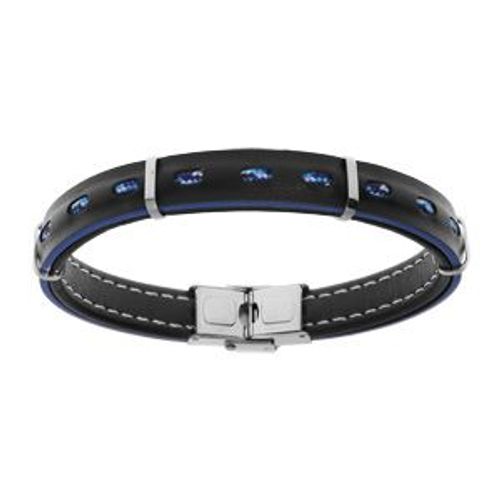 Bracelet Acier Et Cuir Bovin Noir Véritable Tranche Bleu Avec Cordon 21cm Réglable