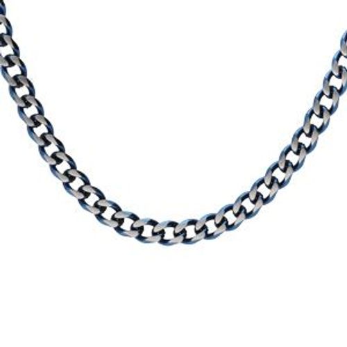 Collier Acier Maille Gourmette 4mm Pvd Brossé Aspet Patiné Chanfrin Bleu 55cm