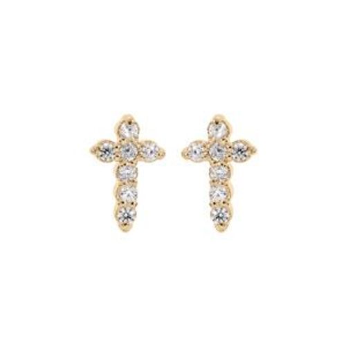 Boucles D'oreilles Tige Plaqué Or Puces Croix Oxydes Blancs Sertis Dim 6 X 3 Mm